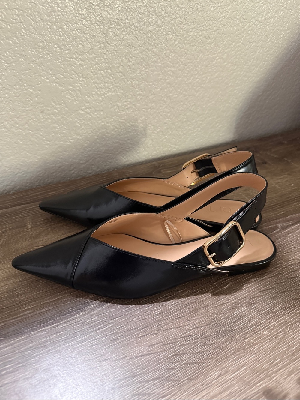 LOFT Black Pointed Slingback Flats with Gold Buckle Accent